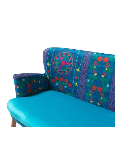 Azra Mobilya - Roma Çay Seti Koltuk Takımı - Etnik Desen Kumaş - Ahşap Demonte Ayak Etnik Desen - Turkuaz
