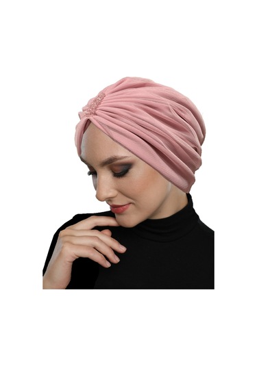 Dizayn Tüllü Kristal Taş İşlemeli Çift Taraflı Astarlı Pudra Hazır Türban Tesettür Abiye Bone Pudra