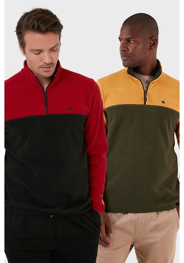 Buratti Regular Fit Anti-Pilling Tüylenme Yapmayan Dik Yaka Şardonlu 2'Li Paket Erkek Polar 5906016S2 Hardal-Bordo