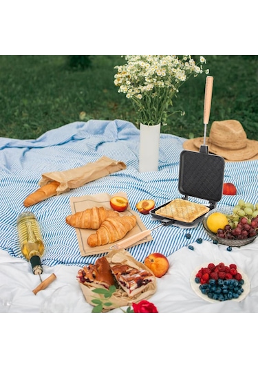 Sandviç Makinesi, Saplı Yapışmaz Izgara Tavası, Ocak Üstü Kamp Tost Makinesi Alüminyum Çevirmeli Tava