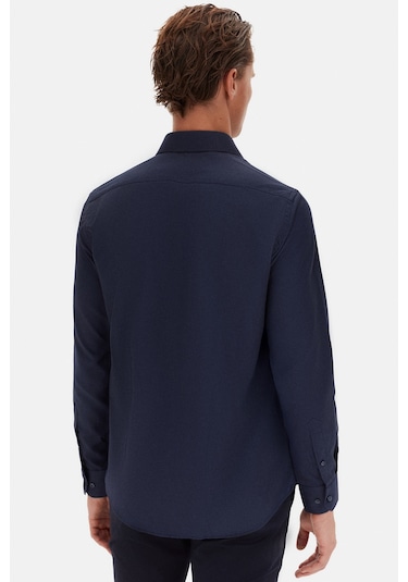 D'S Damat Ds Damat Slim Fit Lacivert İtalyan Yaka Armürlü Gömlek 2HF02ORT3185 Lacivert