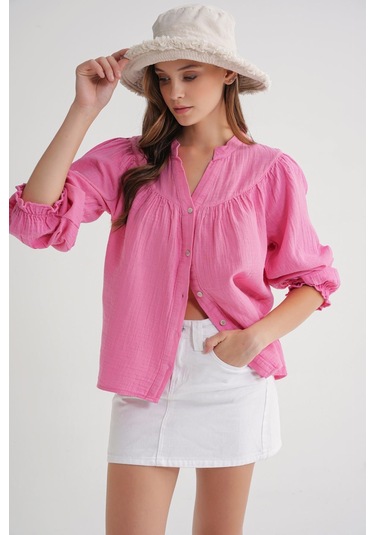4733 Kadın Büzgü Robalı Uzun Kol Müslin Gömlek Pembe Pembe
