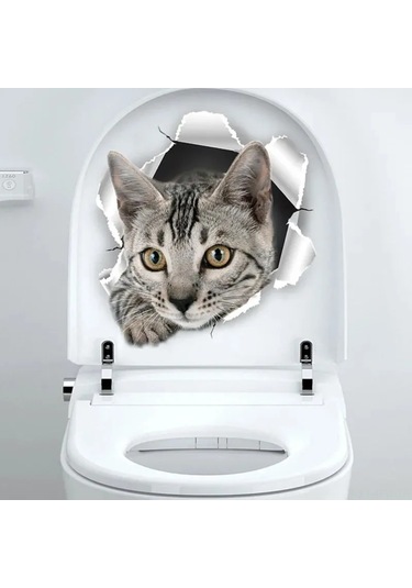 Tenfowee Banyo Tuvaleti Koltuğu Dekoratif Sticker - Mavi Kedi Desenli, Su Geçirmez, Kir Bağlamaz, Kalıcı Pvc Materyal Gri