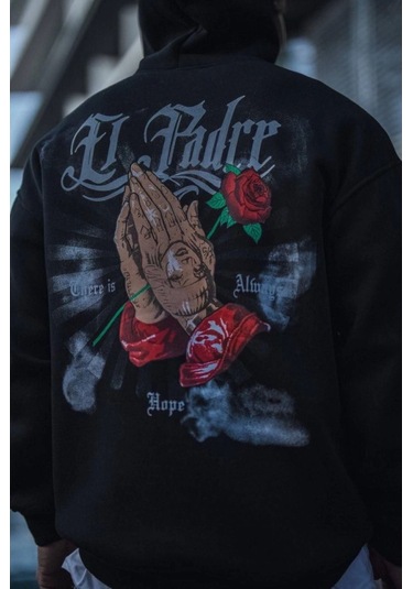 Üç İplik Penye Kapşonlu Baskılı Sweatshirt - Siyah Anrasit