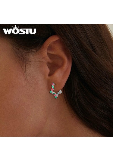 Wostu 925 Ayar Gümüş Yıldız Şekli Kulak Tokaları Renkli Emaye Halka Küpeler Kadınlar İçin Noel Güzel Takı Hediye