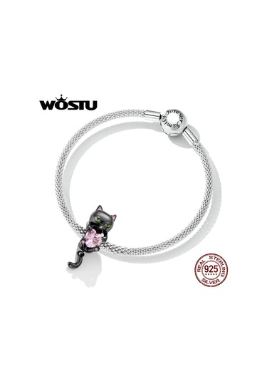 Wostu 925 Ayar Gümüş Sevimli Küçük Siyah Kedi Takılar Boncuk Pembe Kalp Zirkon Kadınlar İçin Fit Orijinal Dıy Bilezik Takı Hediyeler Siyah - Gümüş