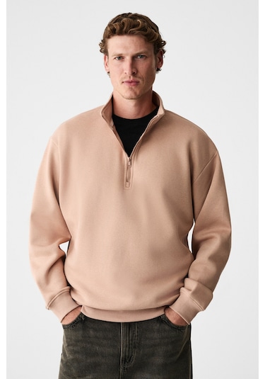 Grimelange Baxter Erkek Dik Yakalı Fermuarlı Relaxed Vizon Sweatshirt Vizon