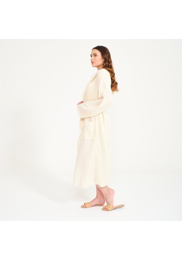 Unisex Kapüşonlu Uzun Müslin Bornoz-Bej