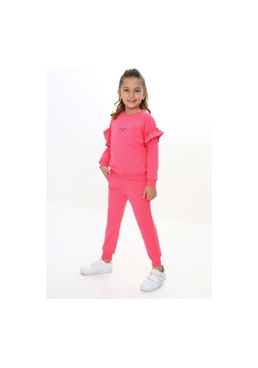 Kız Çocuk 2'li Takım Baskılı Bisiklet Yaka Reglan Kol Fırfırlı Sweatshirt & Beli Paçası Lastikli Cepli Jogger Eşofman Altı - 2 İplik Fuşya