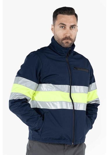 Çift Sıra Reflektörlü Neon Softshell Mont Lacivert - Sarı
