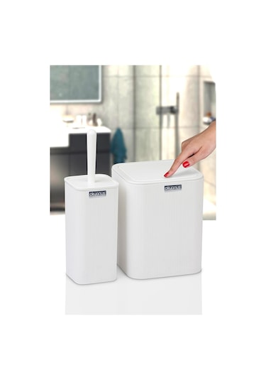 Okyanus Home Mina Beyaz Çizgili Kare 2'li Wc Kova Ve Fırça Seti Beyaz