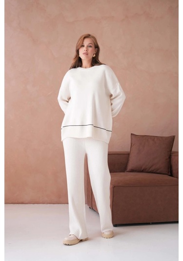Kadın Bisiklet Yak Adüşük Kol Kazak Fitilli Pantolon İkili Triko Takım Taş