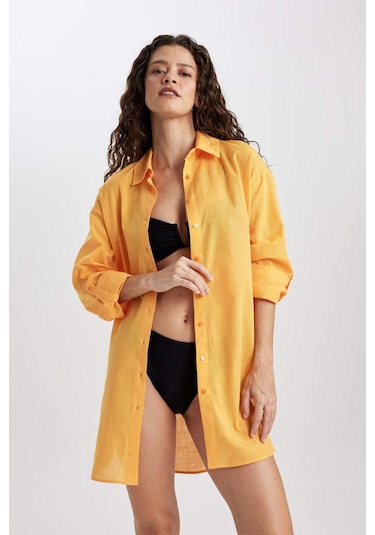 DeFacto Regular Fit Pamuklu Plaj Gömleği-Fall in Love W8241AZ24SMYL301 Sarı