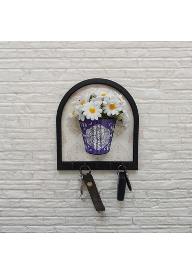 Ahşap Motifli Mor Saksı İçinde Beyaz Yapay Papatyalar Askılık Duvar Dekoru Diğer