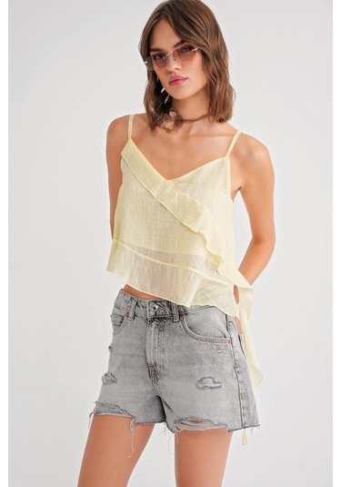 4736 Kadın Fırfırlı Askılı Bluz Sarı Sari