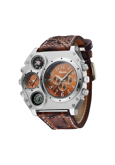 Oulm Erkek Kuvars Pu Deri Kordonlu Kol Saati Kişiselleştirilmiş Büyük Kasa Termometre Pusula Çift Kuvars Hareketli Saatler Çok Renkli