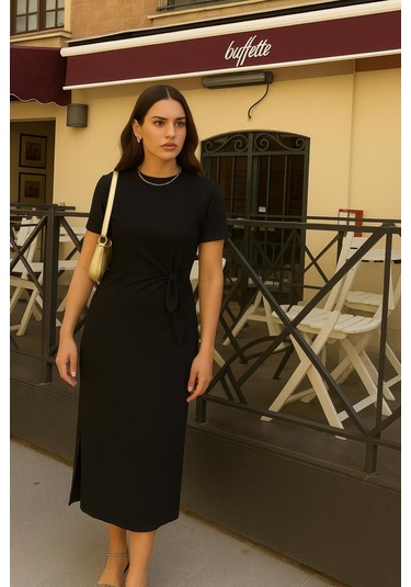 Kısa Kollu Fiyonk Bağlama Detaylı Modal Elbise Siyah