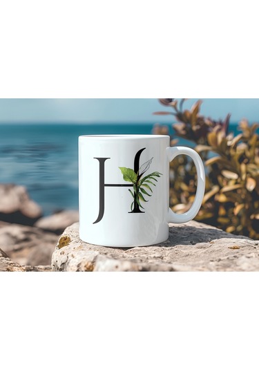 H Harf Zarif Yaprak Desenli Kupa Bardak - Naturel Sade Alfabe Harfli Bardak - Kişiye Özel Hediye Beyaz