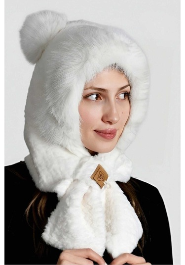 Uniquetrenders Kadın Kulaklıklı Boyun Bağlamalı Yumuşak Peluş Şapka Beyaz
