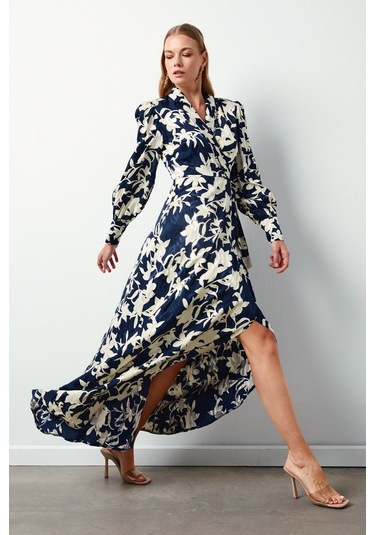 Sateen Çiçek Desenli Uzun Elbise - Lacivert