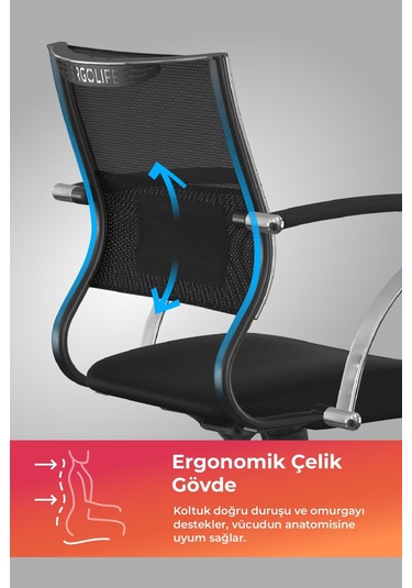 Ergolife Sit Air Ofis Koltuğu Krom Ayaklı, Yükseklik Ayarlı, Fileli, Bilgisayar Sandalyesi -572.5f.1.2a2 Çok Renkli