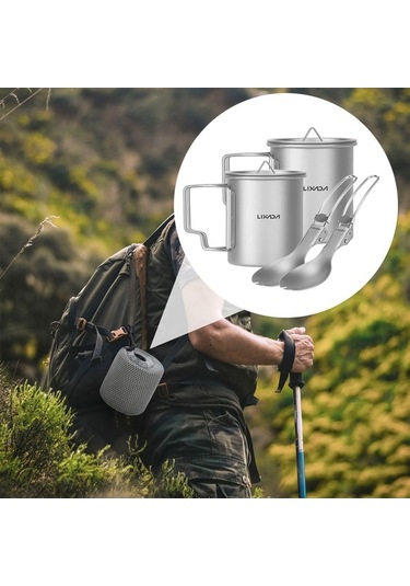 Fortunelane 300ml + 200ml Titanyum Bardak Çatal Kaşık Setli Katlanır Titan, Gümüş Renk Gümüş