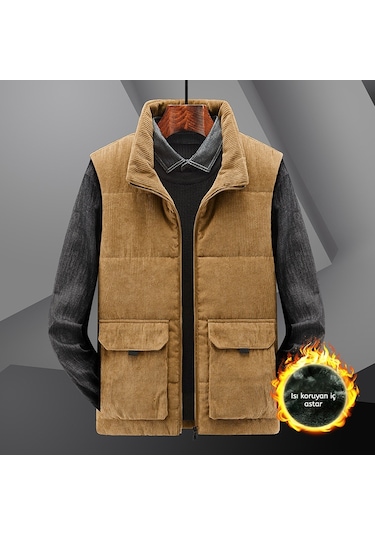Snapbuy Kışlık Kalın Kadife İçi Kürklü Erkek Yelek Taba