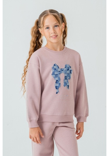 Kız Çocuk Fiyonk Nakışlı Taşlı 3 İplik Kalın Kışlık Eşofman Takımı Ak4222 Pudra