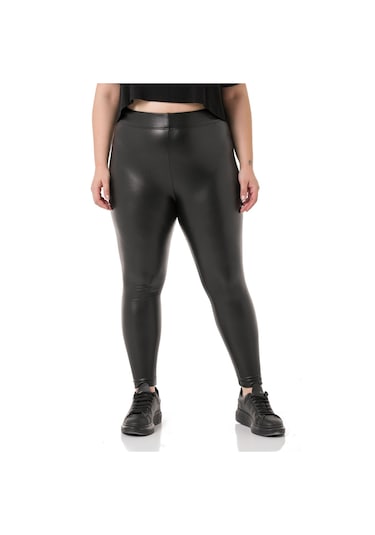 Disentis Büyük Beden Beli Lastikli Bilek Hizasında Deri Tayt Siyah