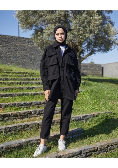 Vioshine Kadın Önü Düğmeli Kuşaklı Siyah Kot Mont - Siyah