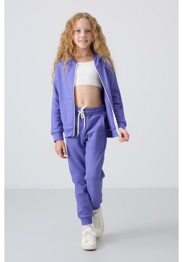 Tommy Life Eflatun Pamuklu İçi Tüylü Yumuşak Dokulu Standart Fit Nakışlı Kız Çocuk Eşofman Takım - 75148 Eflatun