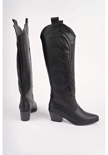Muggo Rodeo Dikiş Detaylı Kalın Topuklu Kovboy Kadın Çizme siyah