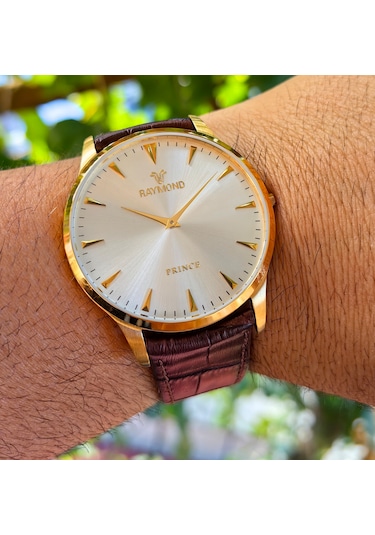 Raymond 44mm Klasik Seri Ultra İnce Deri Kordon Erkek Kol Saati Altın