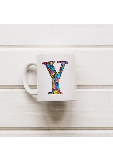 Y Harfi Bardak 330 Ml İsme/harfe Özel Hediye, Renkli Harf Tasarım Beyaz