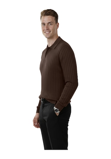 Deepsea Erkek Kahve Polo Yaka Fitilli Triko Kazak %100 Pamuk, Esnek Dokulu, Modern Kalıp 2605305 Kahve