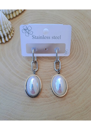 Sedef Taş Detaylı Sallantılı Çelik Küpe Gümüş