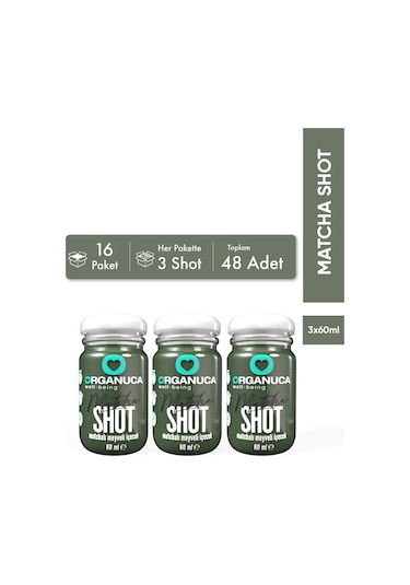 Avantajlı 16 Paket 3'lü Matchalı Meyveli İçecek Matcha Shot 60 Ml 48 Adet