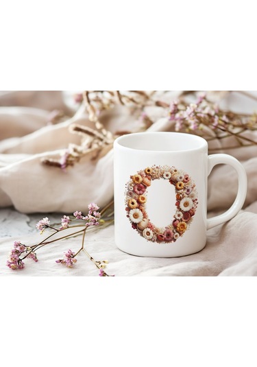 O Harfi Çiçek Desenli Kupa Bardak - Alfabe Harfleri İle Doğal Çiçekli Kupa - Hediye Fikir Beyaz