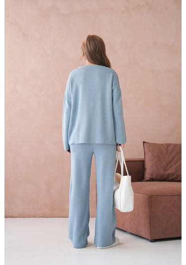 Kadın Bisiklet Yaka Düşük Kol Kazak Pantolon İkili Triko Takım Açık Mavi