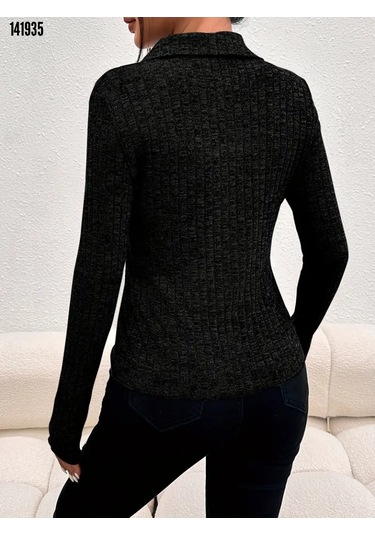 Yeni Sezon Kadın Yakalı Düğmeli Uzun Kollu Kısa Triko Ceket Siyah