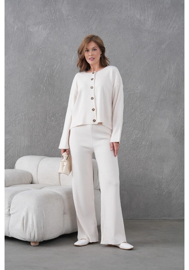 Kadın Bisiklet Yaka Düğme Kapama Kaşkorse Ceket Pantolon İkili Triko Takım Taş