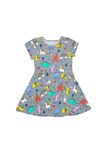 Lovetti Kız Çocuk Rainbow Unicorn Pattern Short Sleeves Flared Dress 5910-87 Çok Renkli