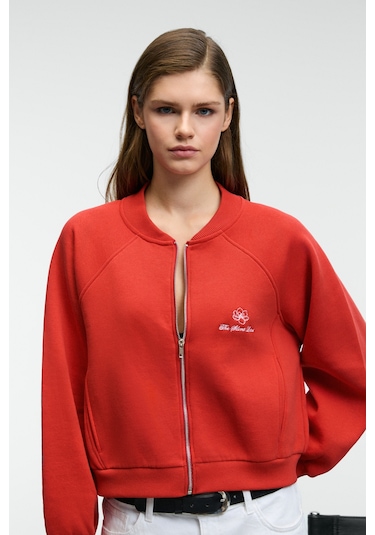 Grımelange Yasvell Kadın Metal Fermuarlı Çift Cepli Nakış Detaylı Balon Kollu Bomber Kırmızı Ceket Kırmızı