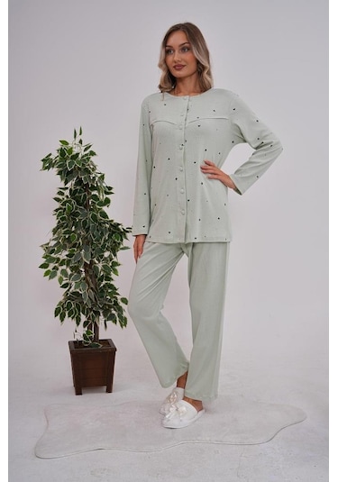 Mecit 6151 Bayan Yeşil Boydan Düğmeli Büyük Beden Pijama Takımı Yeşil
