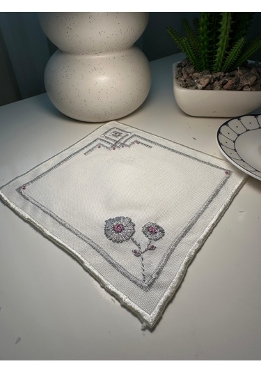 Rokoko El İşlemesi Kahve Sunumluk Peçetesi Keten 6 Parça Beyaz