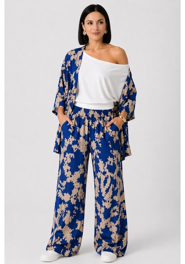 Trend Alisse Kadın Mavi Desenli Bol Paça Palazzo Alt Üst Kimono Takım