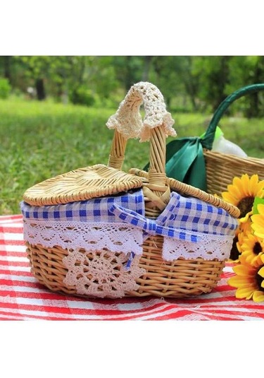 Dancemonkey Cbtx El Dokuması Hasır Piknik Sepeti Kapağı Tasarımı Yumurta, Şeker, Çiçek İçin Pamuk+keten Kumaş Astar Battaniyesi, Boyut: L - Mavi Izgara, Pamuklu Ahşap