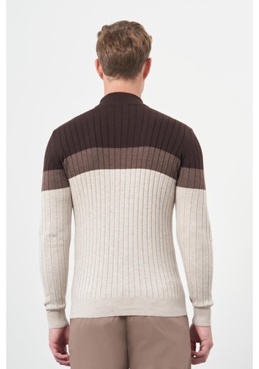 Açık Bej Uzun Kol Kendinden Desenli Örme Yarım Balıkçı Yaka Classic Slim Fit Triko 1012245154 Açık Bej