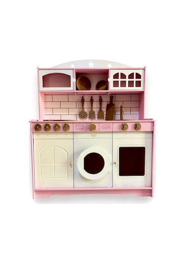 Ahşap Büyük Boy Pembe-beyaz Montessori Mutfak Oyuncak Set