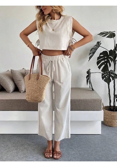 Yan Bağlama Detaylı Pantolonlu Takım Bej Bej